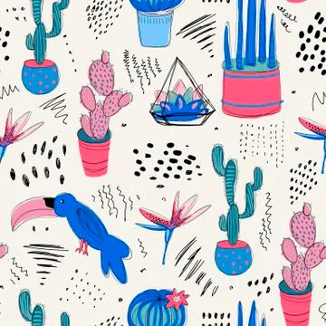 Tropical abstract seamless pattern with cactuses. Line art summer background for Stock Illustration