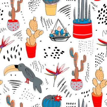 Tropical abstract seamless pattern with cactuses. Line art summer background for Stock Illustration