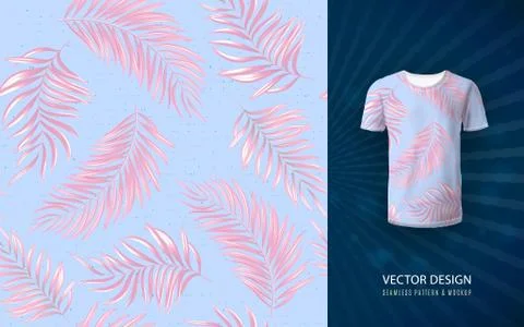Tropical aloha pattern. Vector Hawaiian exotic leaf pattern on shirt mockup Stock Illustration