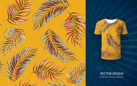 Tropical aloha pattern. Vector Hawaiian exotic leaf pattern on shirt mockup Illustrazione stock