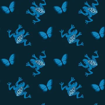 Tropical animal pattern featuring frogs and butterflies for design projects イラスト素材