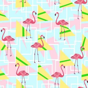 Tropical animals pattern with geometric shapes. Flamingo seamless background. Stock Illustration
