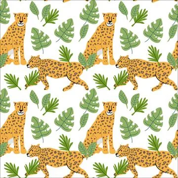 Tropical animals pattern with leopards and greenery for nature wallpaper desi Stock Illustration