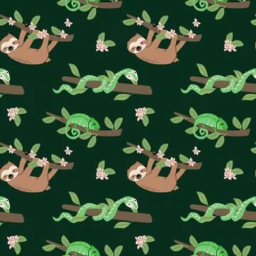 Tropical animals pattern with sloths and chameleons for fabric design or 스톡 일러스트