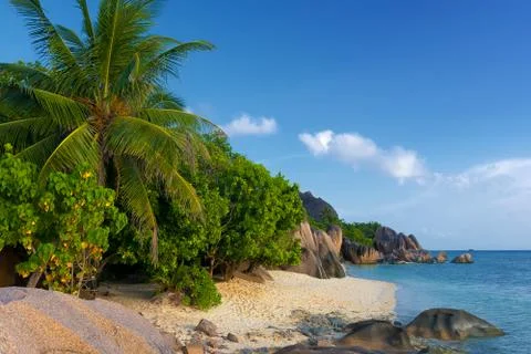Tropical anse source d'argent beach on la digue island seychelles Stock Photos