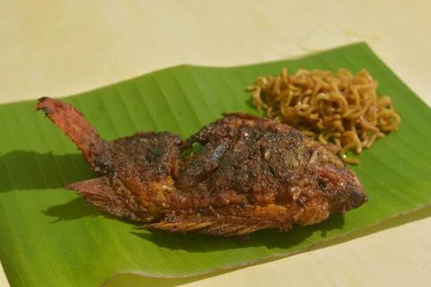 Tropical Asian Dining Experience Featuring Fried Fish and Curly Noodles 库存照片