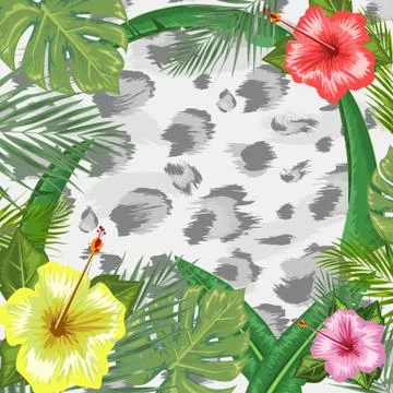Tropical backdrop with frame or border made of tropical flower and leaves and Stock Illustration