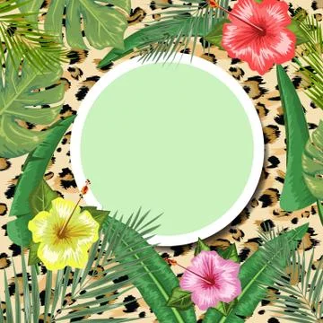 Tropical backdrop with frame or border made of tropical flower and leaves and Ilustração Stock