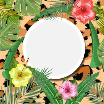 Tropical backdrop with frame or border made of tropical flower and leaves and Ilustração Stock