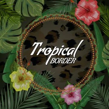 Tropical backdrop with frame or border made of tropical flower and leaves and Illustration