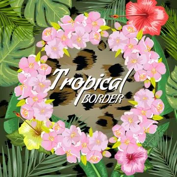 Tropical backdrop with frame or border made of tropical flower and leaves and Ilustração Stock