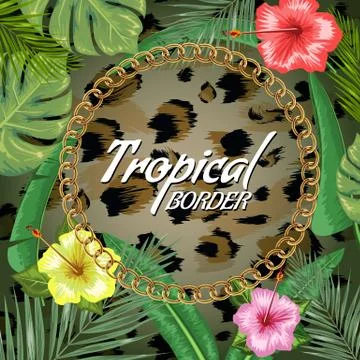 Tropical backdrop with frame or border made of tropical flower and leaves and Stock Illustration