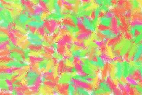 Tropical background with bright feathers of light green, red, pink, turquoise Stock Illustration