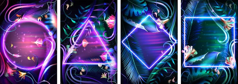 Tropical background with neon frames of different geometric shapes Stock Illustration