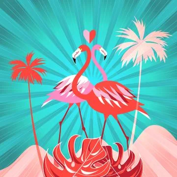 Tropical background with palm trees and flamingo Stock Illustration