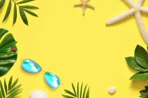 Tropical Background. Palm Trees Branches with starfish and seashell on yellow Stock Photos