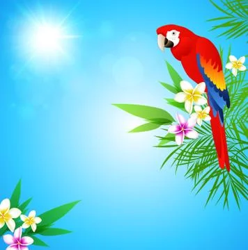 Tropical background with red parrot Illustrazione stock