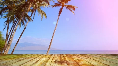 Tropical Background Wooden Deck Table, Paradise Blue Sea and Palm Tree Ocean Stock Footage 88801547