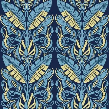 Tropical Banana Leaf Pattern in Blue and Yellow. Stock Illustration