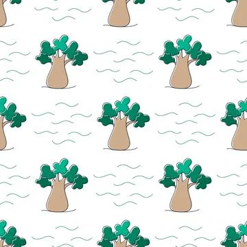 Tropical baobabs savannah seamless pattern Stock Illustration