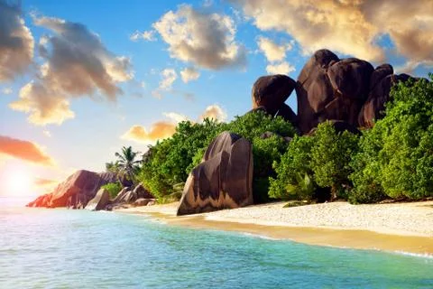Tropical beach Anse Source d'Argent in La Digue Island, Seychelles. Foto stock
