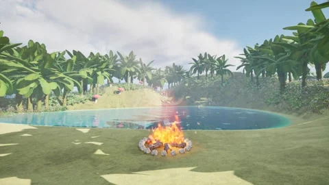 Tropical Beach Campfire by the Lake Surrounded by Banana Trees : Lofi Animation Stock Footage 259538087