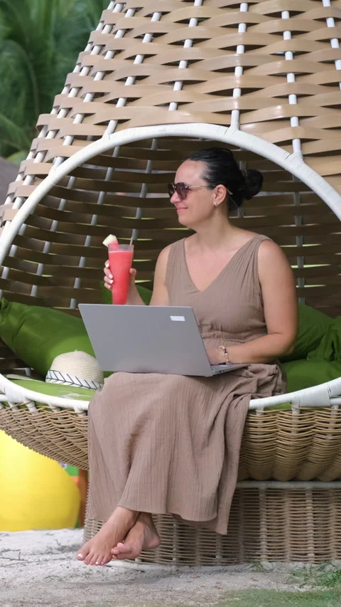 Tropical beach freelance session with fruit shake Stock Footage 315294151