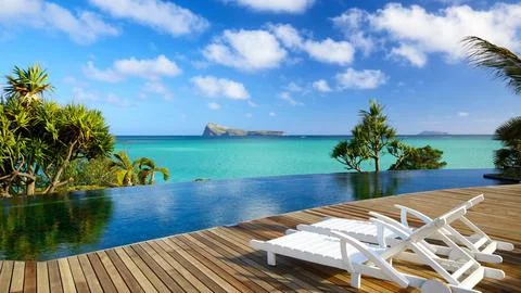 Tropical Beach Infinity Pool with Ocean View at Luxury Resort Stock Photos