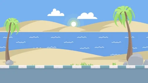 Tropical beach landscape 2 d flat animation loop with palm trees and ocean Stock Footage 340471700