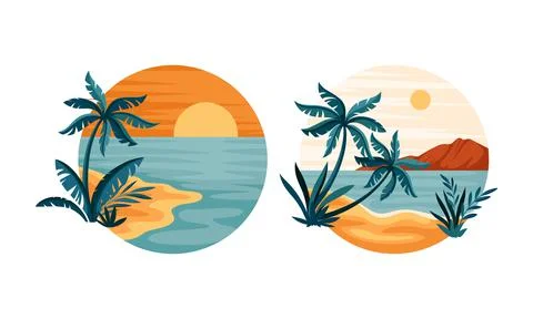 Tropical beach landscape in circle set. Idyllic scenes of tropical seaside Stock Illustration