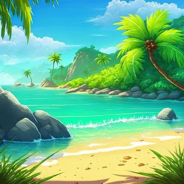 Tropical beach landscape scene at suncartoon style time Stock Illustration