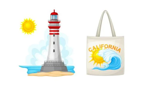 Tropical beach objects set. Lighthouse and textile beach bag vector illustration Illustrazione stock