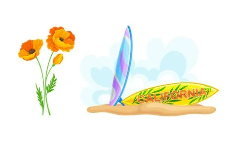 Tropical beach objects set. Red flower and surfboard vector illustration Illustrazione stock