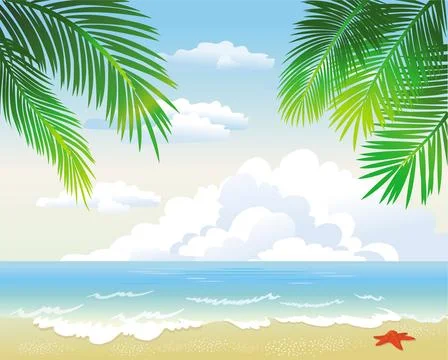 Tropical beach with palm leaf Stock Illustration