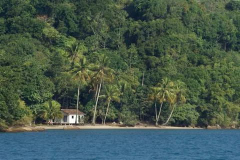 Tropical beach with palm trees and hut, paraty, brazil Stock Photos