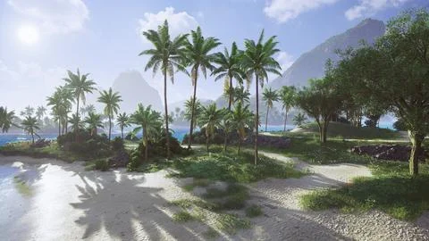 Tropical beach with palm trees under a bright sky in a serene landscape Stock Illustration
