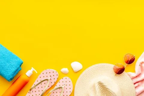 Tropical beach pattern with sraw hat with sunglasses. Top view Stock Photos