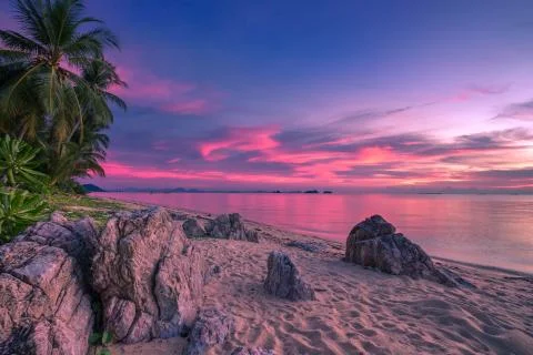 Tropical beach at pink sunset with palm trees in Taling Ngam Beach, Koh Samui Stock Photos