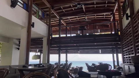 Tropical Beach Resort Restaurant Interior Overlooking Ocean Stock Footage 340435445