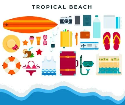 Tropical beach rest, set of summer beach accessories. Vector flat illustration. Stock Illustration