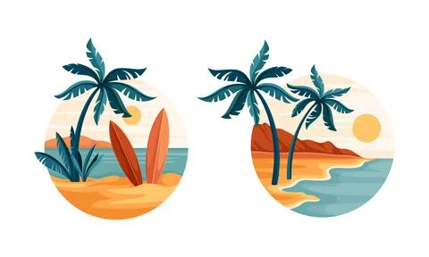 Tropical beach scenes set. Idyllic paradise with palm trees and surfboards in Illustrazione stock
