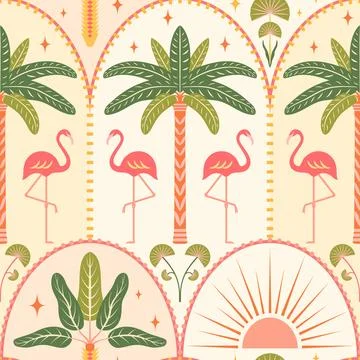 Tropical beach seamless pattern vector illustration. Flamingos, palm trees, sun Illustrazione stock