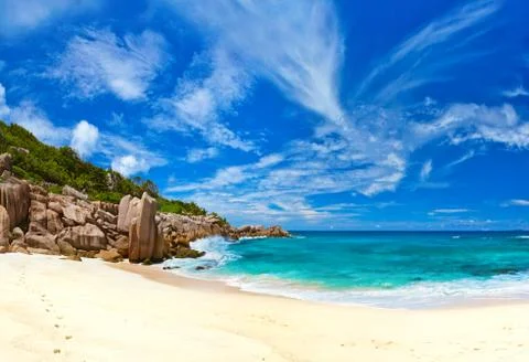 Tropical beach at Seychelles Foto stock