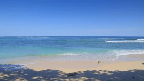 Tropical beach with shadow under trees and beautiful blue water with waves 動画素材 114987824