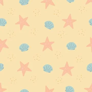 Tropical beach simple seamless pattern. Vector background with starfish and s Stock Illustration