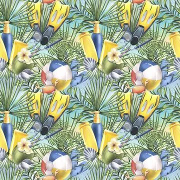 Tropical, beach, summer, seamless pattern, bright with flippers, beach ball, sun Stock Illustration