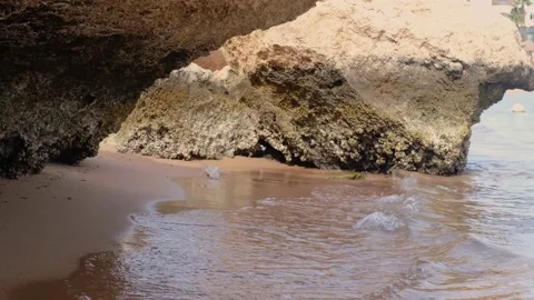 Tropical beach with sun umbrellas on the Red Sea near the coral reef. Egypt. Pan Stock Footage 236570935