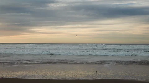 Tropical beach sunset in light blue and yellow colors, cloudy sky background Stock Footage 144901398