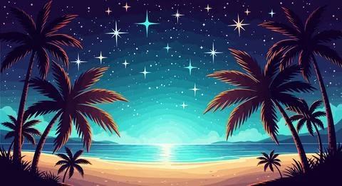 A tropical beach at sunset with palm trees Stock Illustration