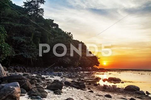 Tropical beach at sunset. Stock Photos